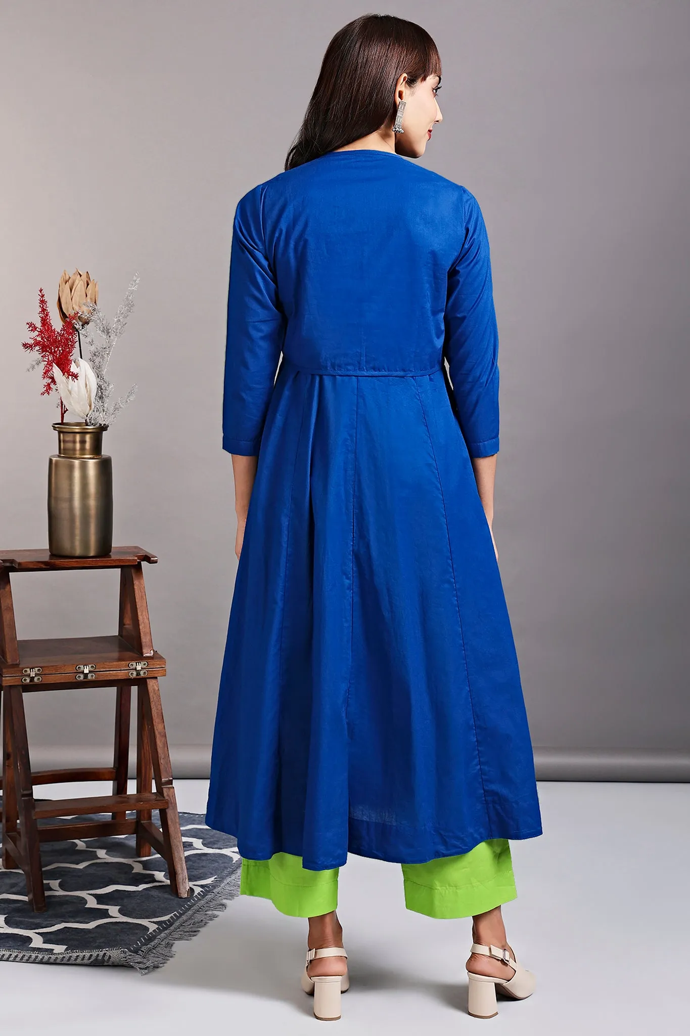 mughal anarkali with tie up jacket and gathers - sapphire blue & shimmering green
