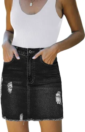 Necooer Womens Denim Skirt Mini Casual Distressed Short Skirt Washed Frayed Stretchy Pencil Jean Skirts with Pocket