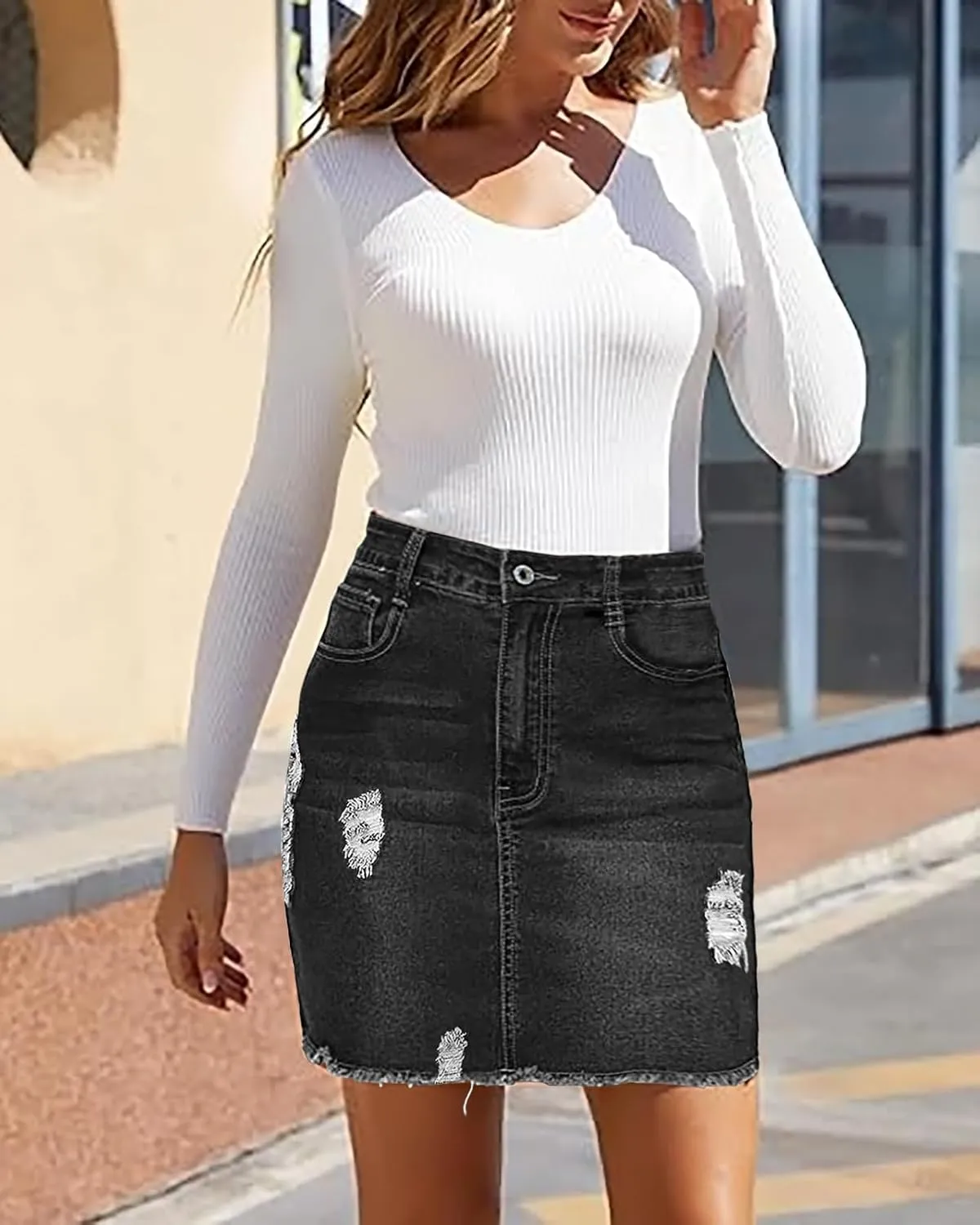 Necooer Womens Denim Skirt Mini Casual Distressed Short Skirt Washed Frayed Stretchy Pencil Jean Skirts with Pocket