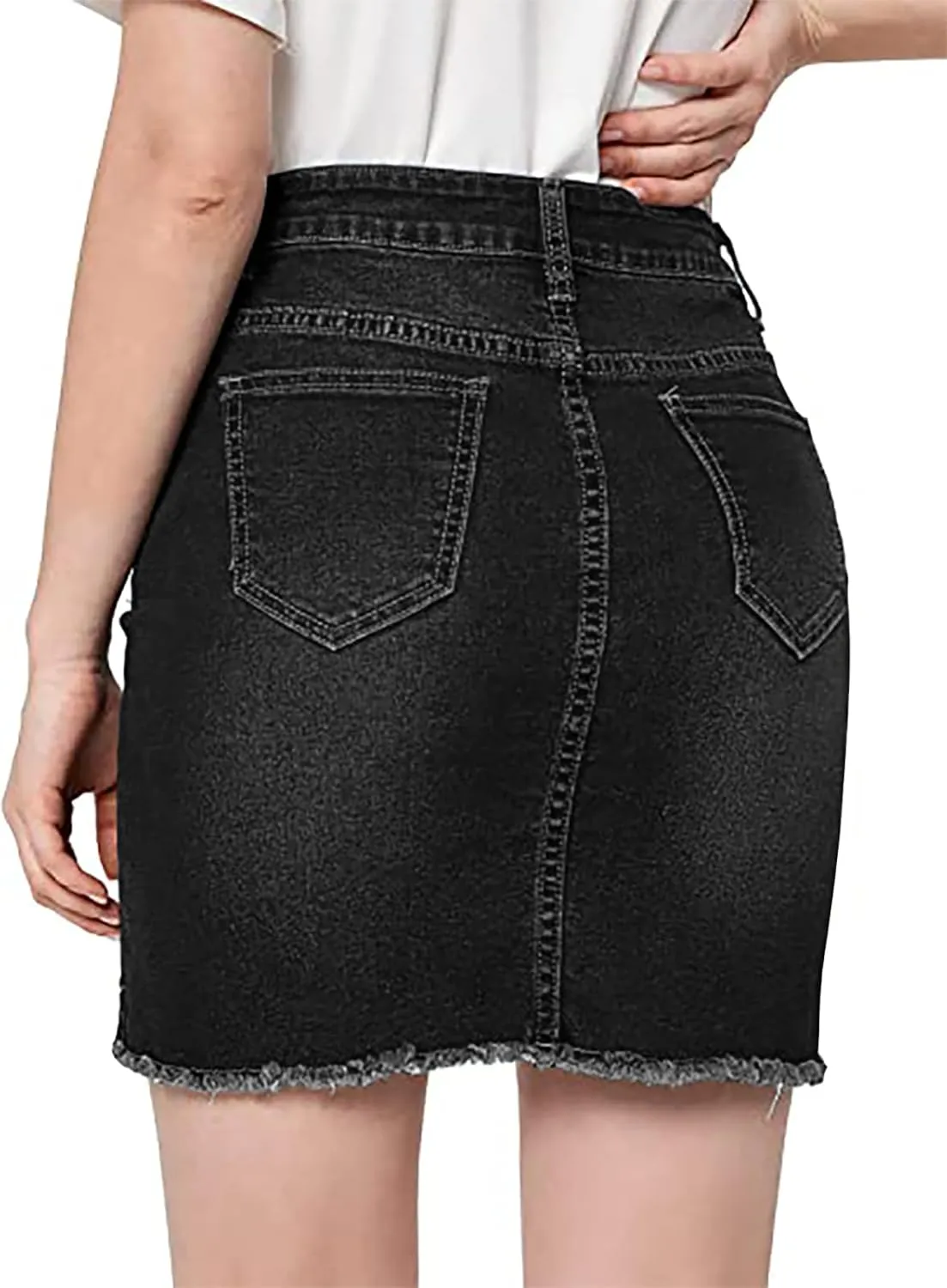 Necooer Womens Denim Skirt Mini Casual Distressed Short Skirt Washed Frayed Stretchy Pencil Jean Skirts with Pocket