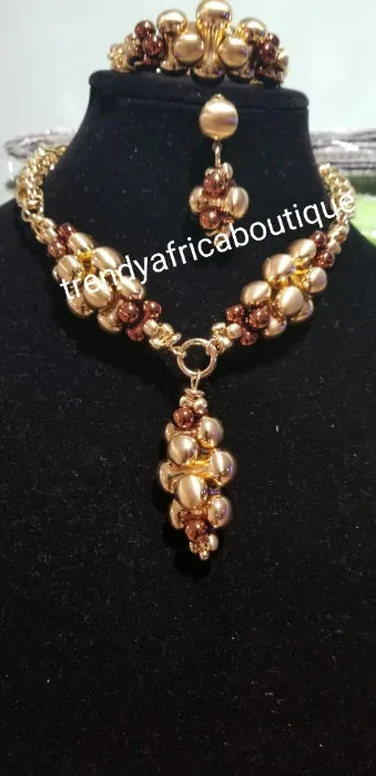 New 18k gold plated Costum Necklace set. Gold/chocolate brown accent. 3pcs. Bracelet fit 7" and 8" wrist. Sold as a set