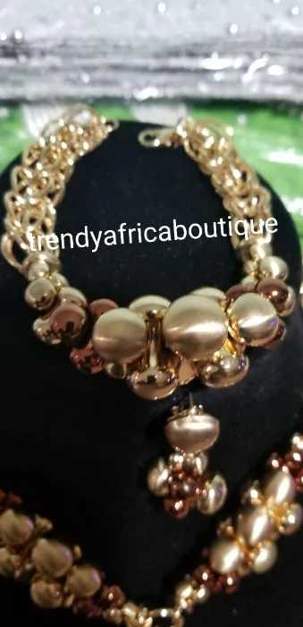 New 18k gold plated Costum Necklace set. Gold/chocolate brown accent. 3pcs. Bracelet fit 7" and 8" wrist. Sold as a set