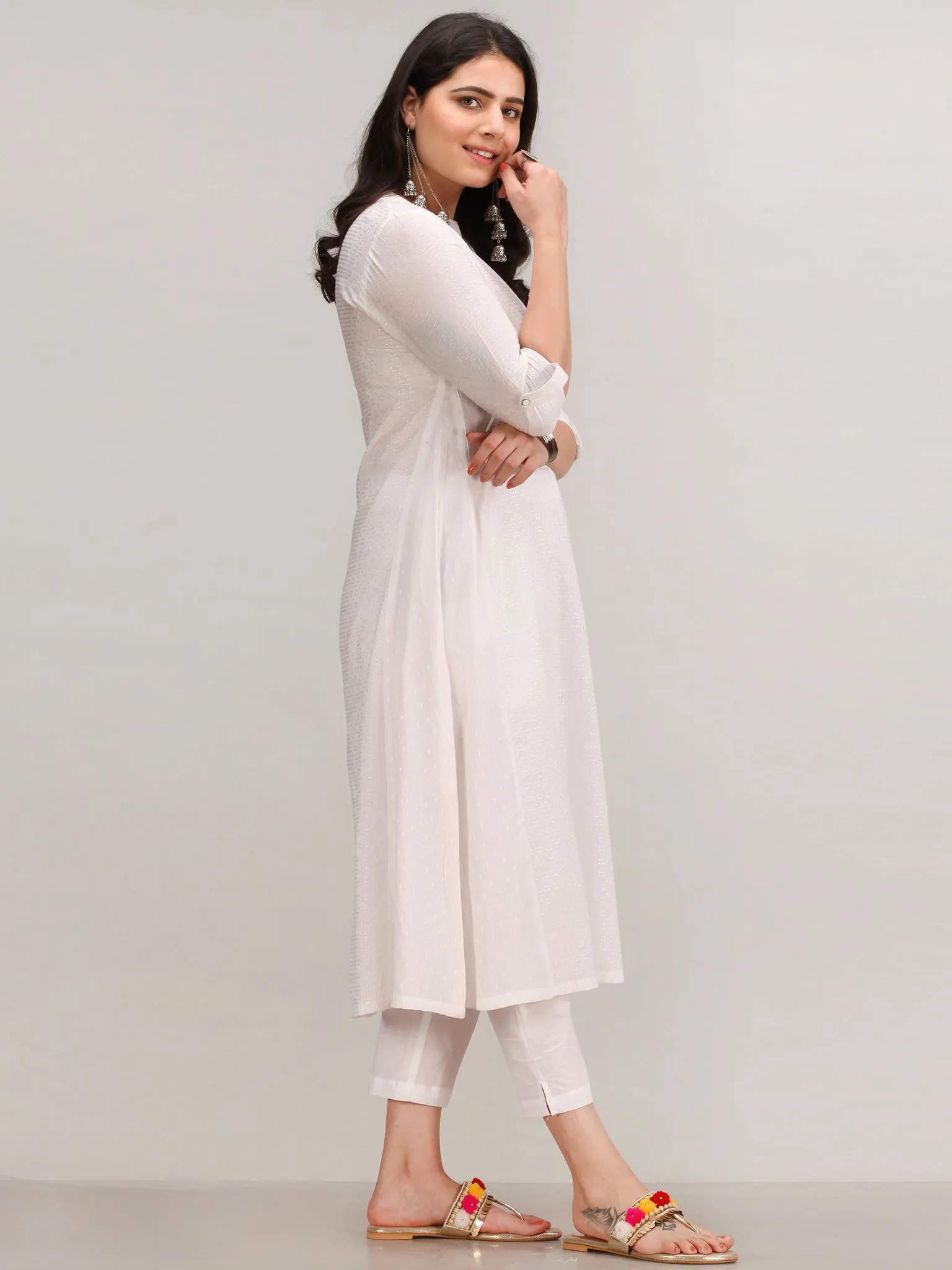 Noor Banaz - Self Emboss Work ALine Kurta Pant Set With Bandhini Dupatta - KS39AXXD8