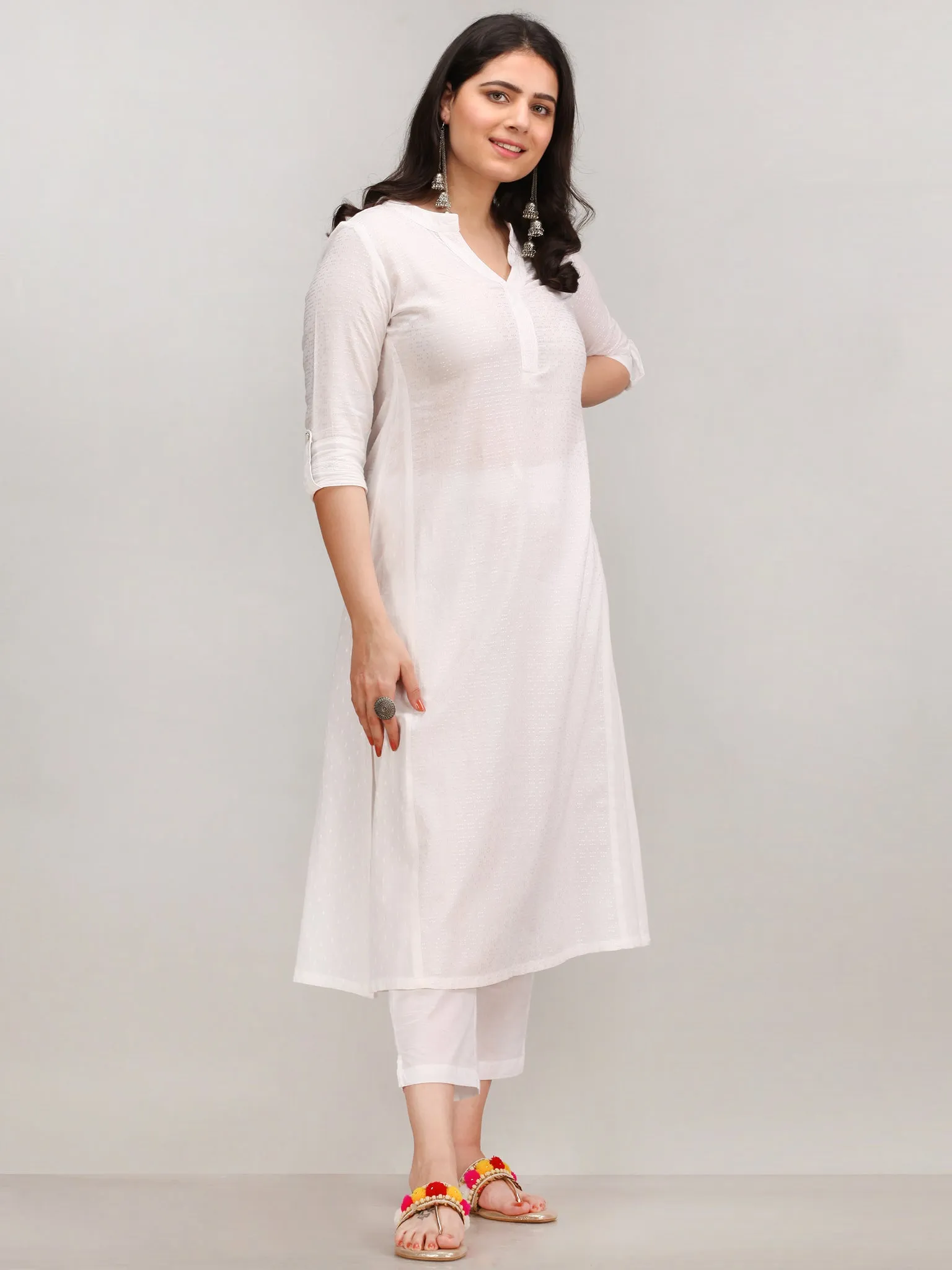Noor Bareen - Self Emboss Work ALine Kurta Pant Set With Leheriya Dupatta - KS39AXXD9