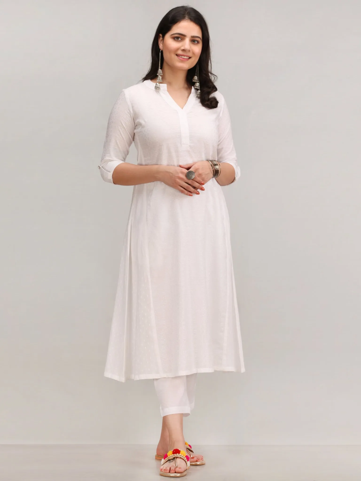 Noor Bareen - Self Emboss Work ALine Kurta Pant Set With Leheriya Dupatta - KS39AXXD9