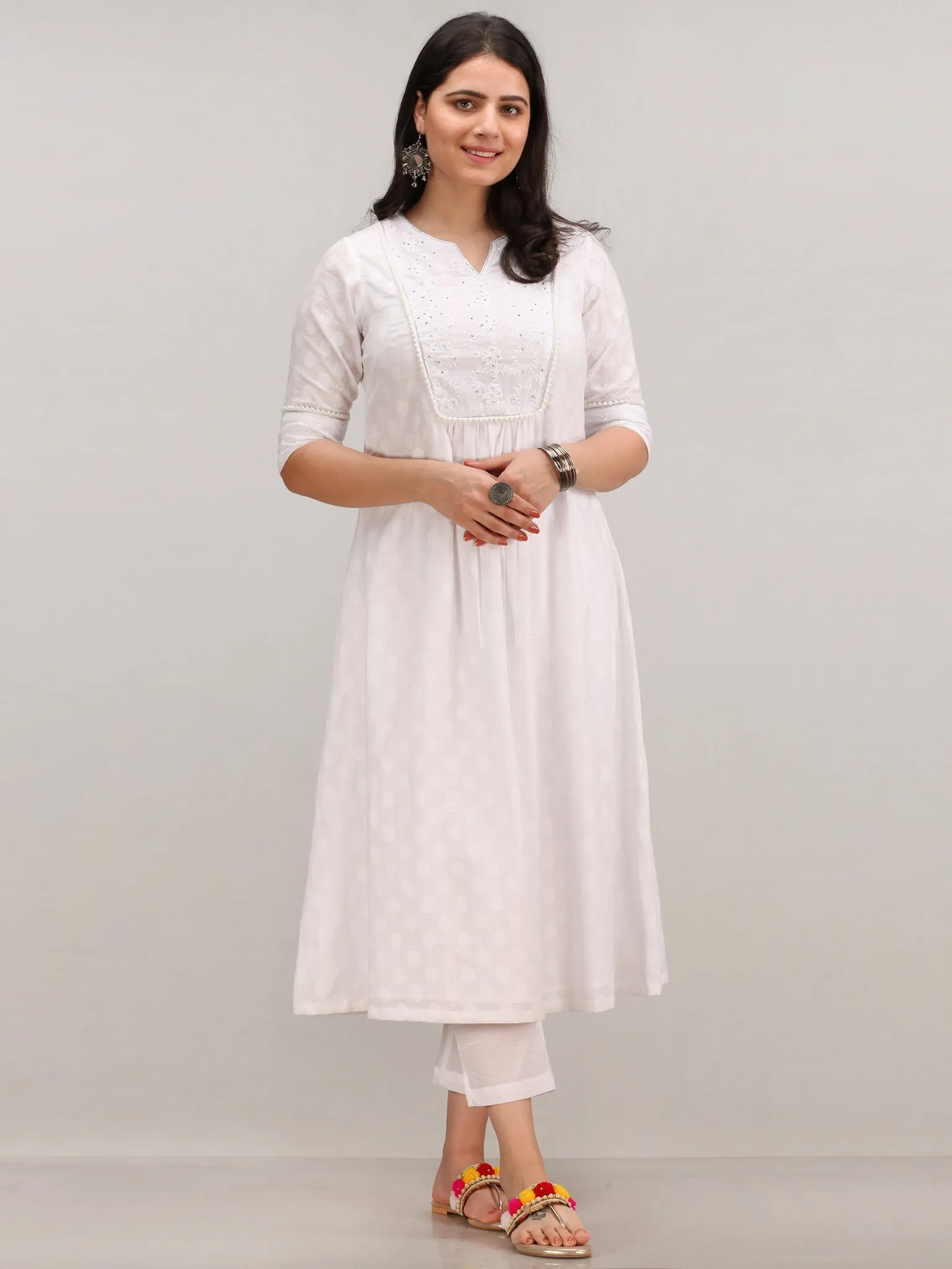 Noor Foziya - Self Emboss Work ALine Kurta Pant Set With Leheriya Dupatta - KS116AXXD11