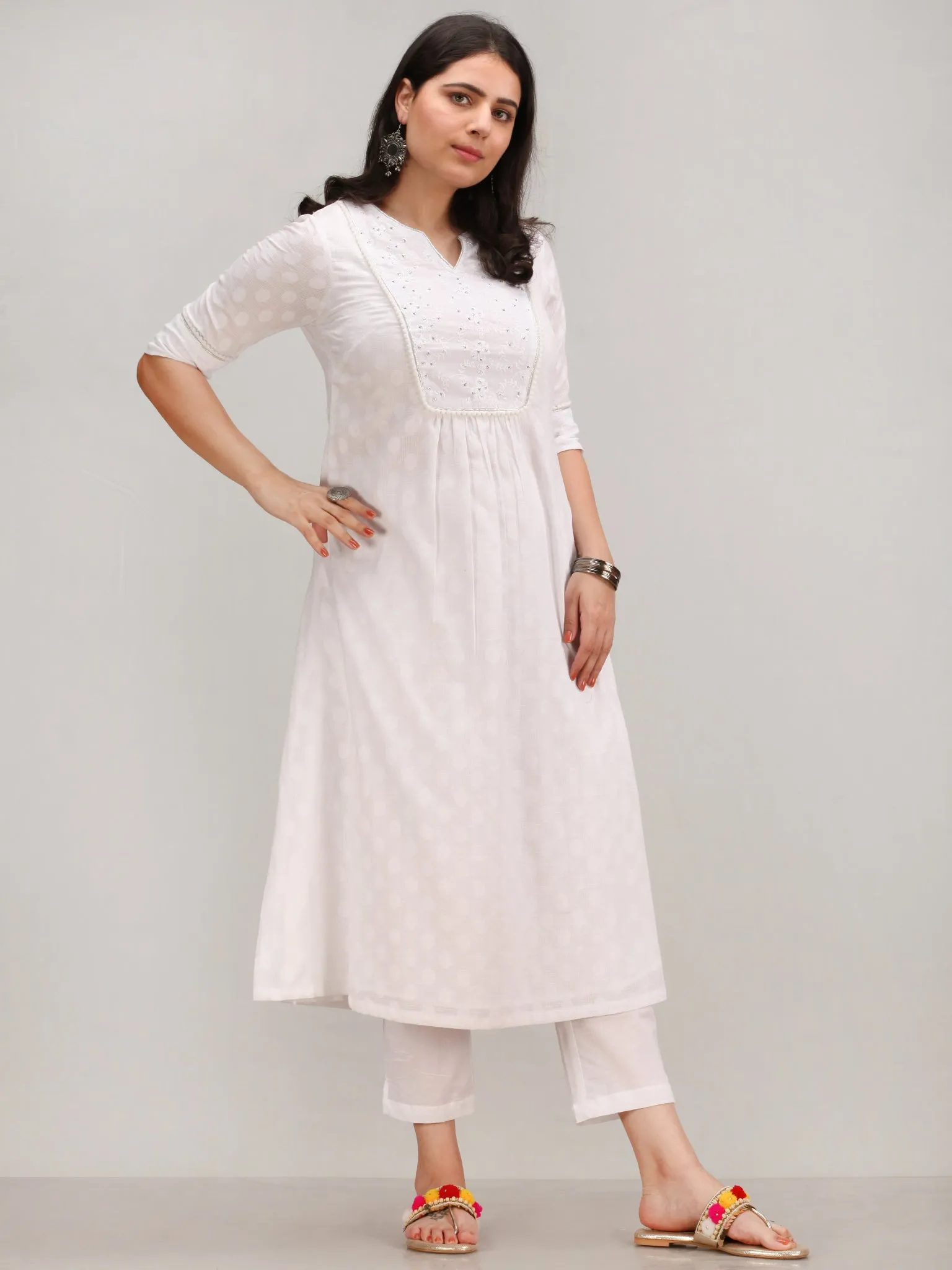 Noor Foziya - Self Emboss Work ALine Kurta Pant Set With Leheriya Dupatta - KS116AXXD11