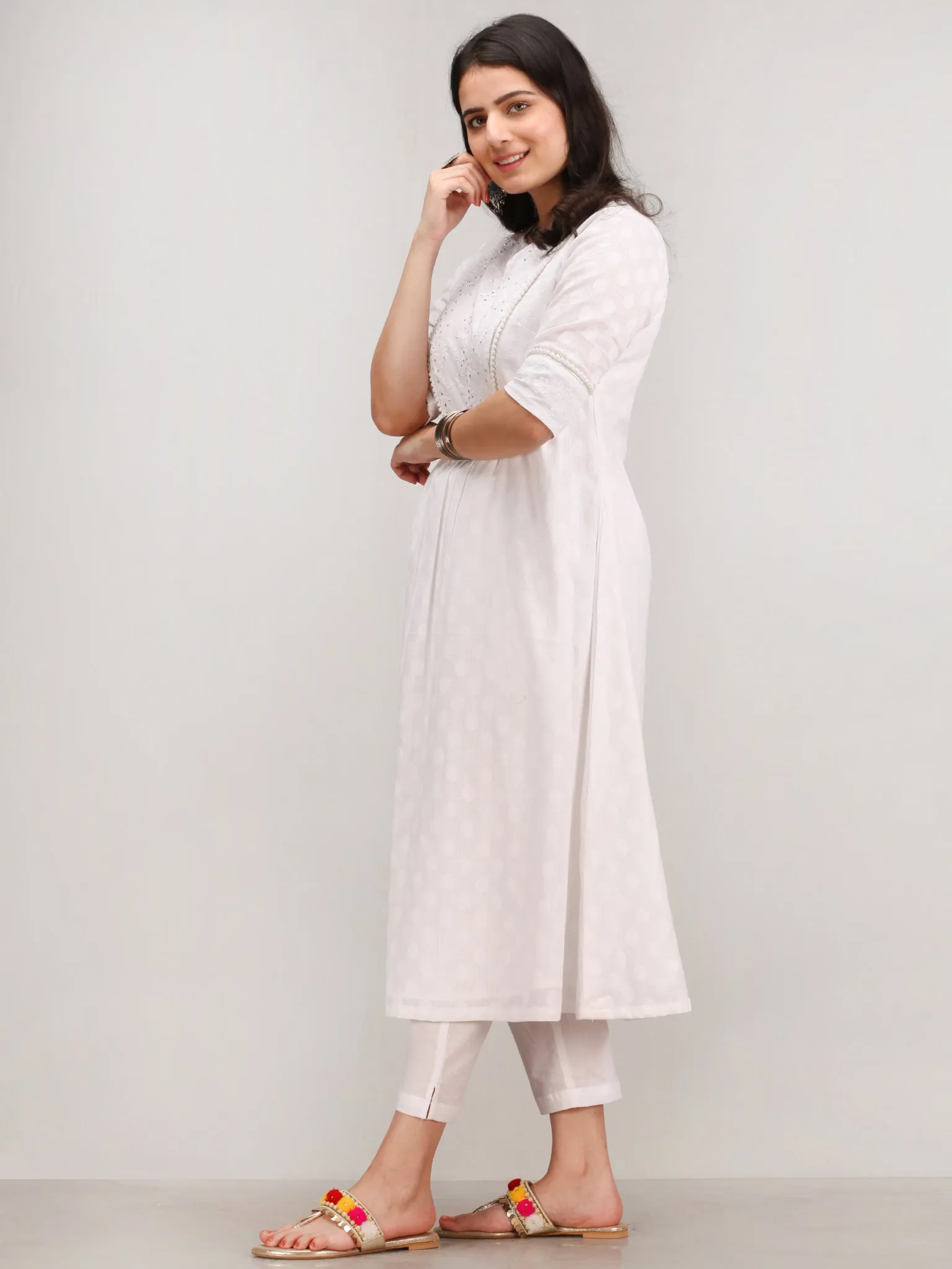 Noor Foziya - Self Emboss Work ALine Kurta Pant Set With Leheriya Dupatta - KS116AXXD11