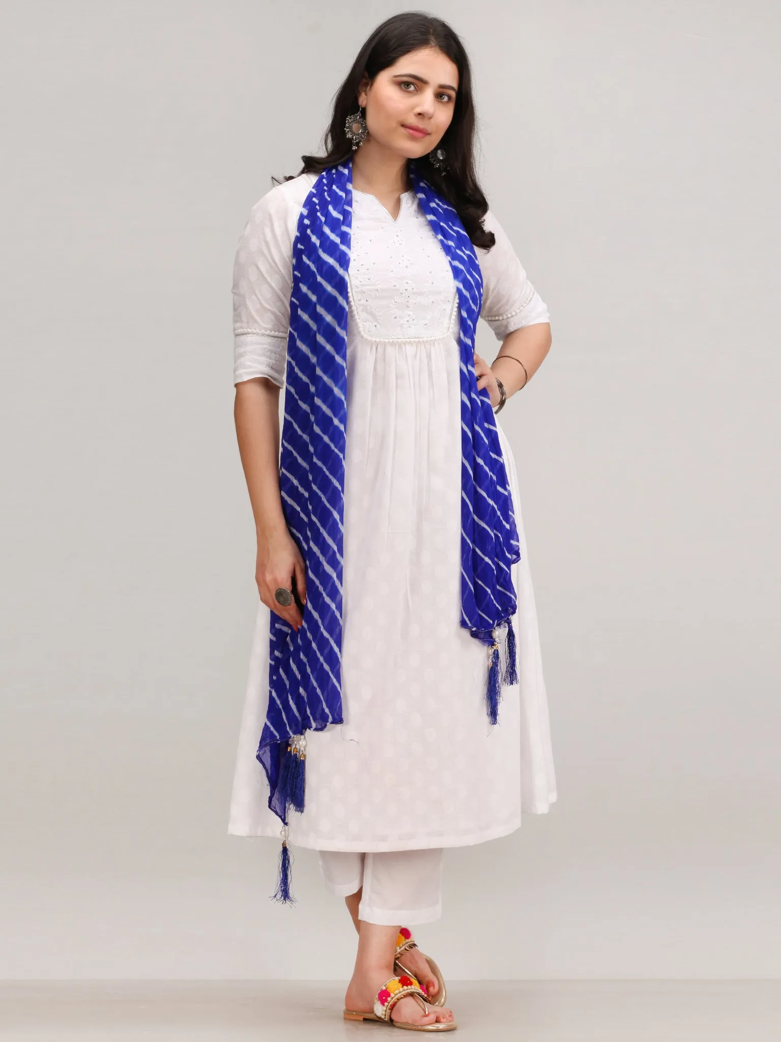 Noor Foziya - Self Emboss Work ALine Kurta Pant Set With Leheriya Dupatta - KS116AXXD11