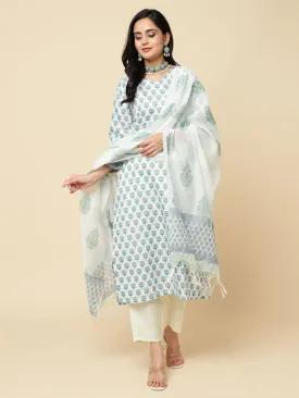 Odette Blue Cotton Blend Printed Stitched Kurta Set  For Women
