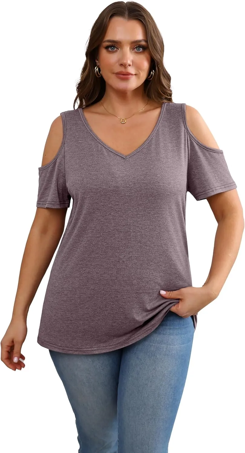 OFEEFAN Womens Tops Cold Shoulder Short Sleeve V Neck Tee Shirts Summer Spring Dressy Casual Plain/Printed