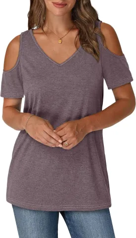 OFEEFAN Womens Tops Cold Shoulder Short Sleeve V Neck Tee Shirts Summer Spring Dressy Casual Plain/Printed