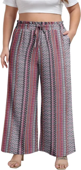 OLRIK Women's Plus Size Pants Self-Tie Belted High Waisted Wide Leg Pants Long Straight Palazzo Trousers with Pockets