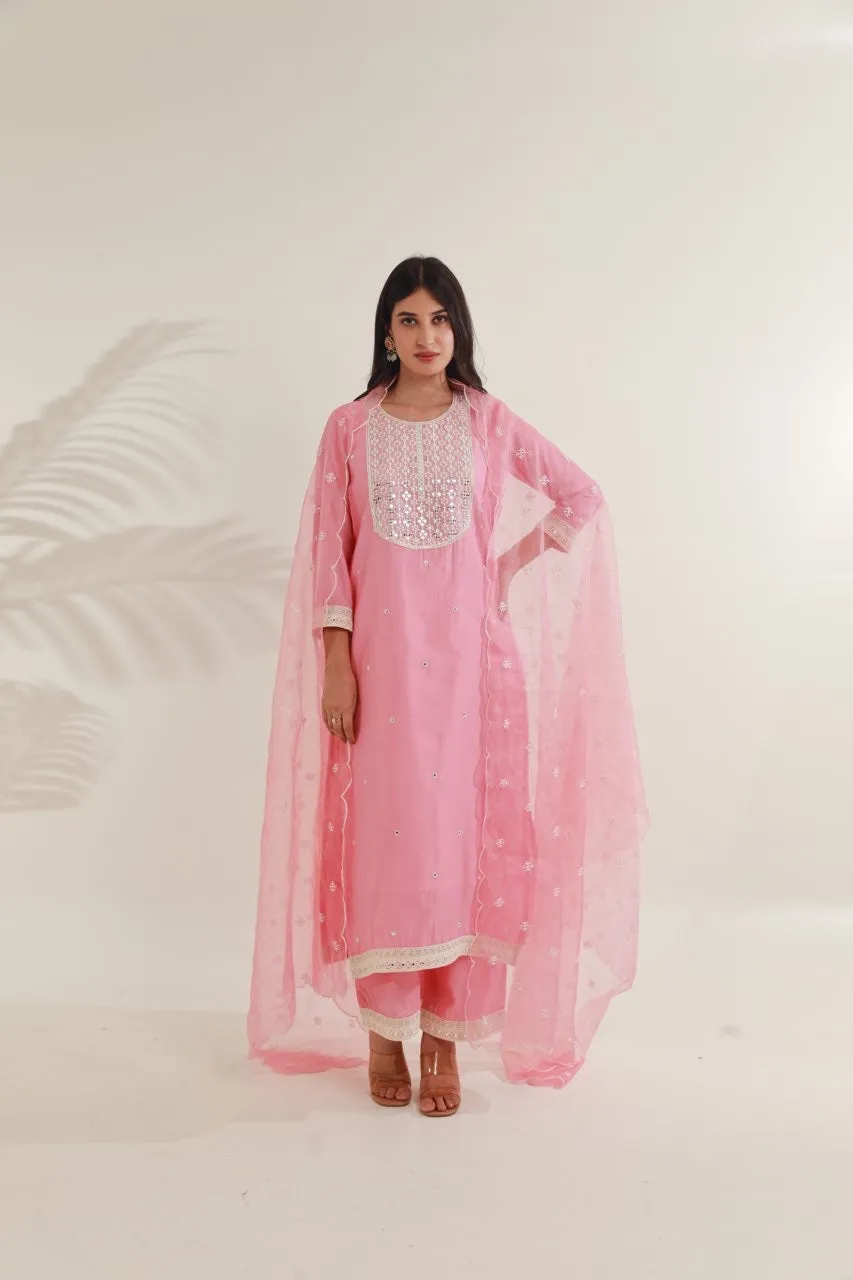 Pink MirrorWork  Chanderi Straight  Set