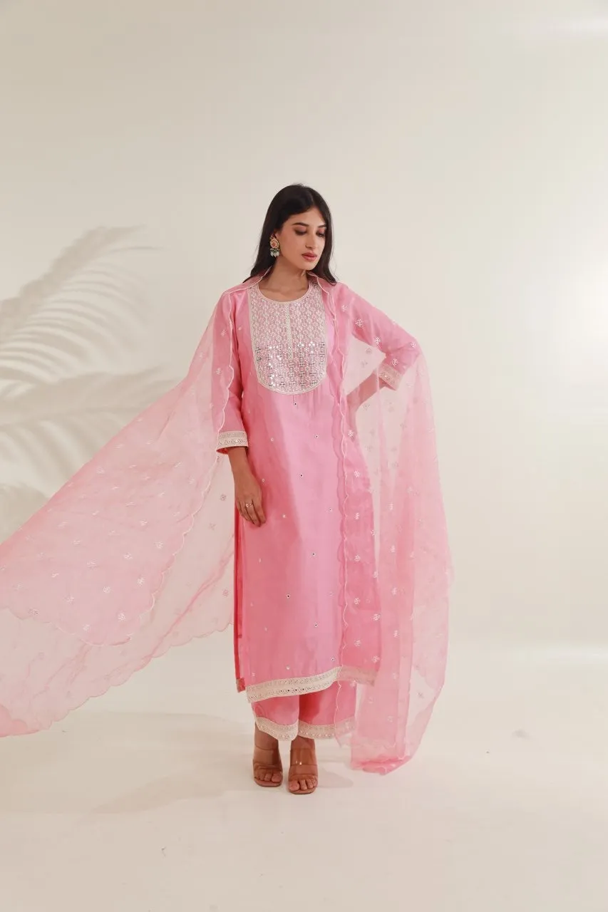 Pink MirrorWork  Chanderi Straight  Set