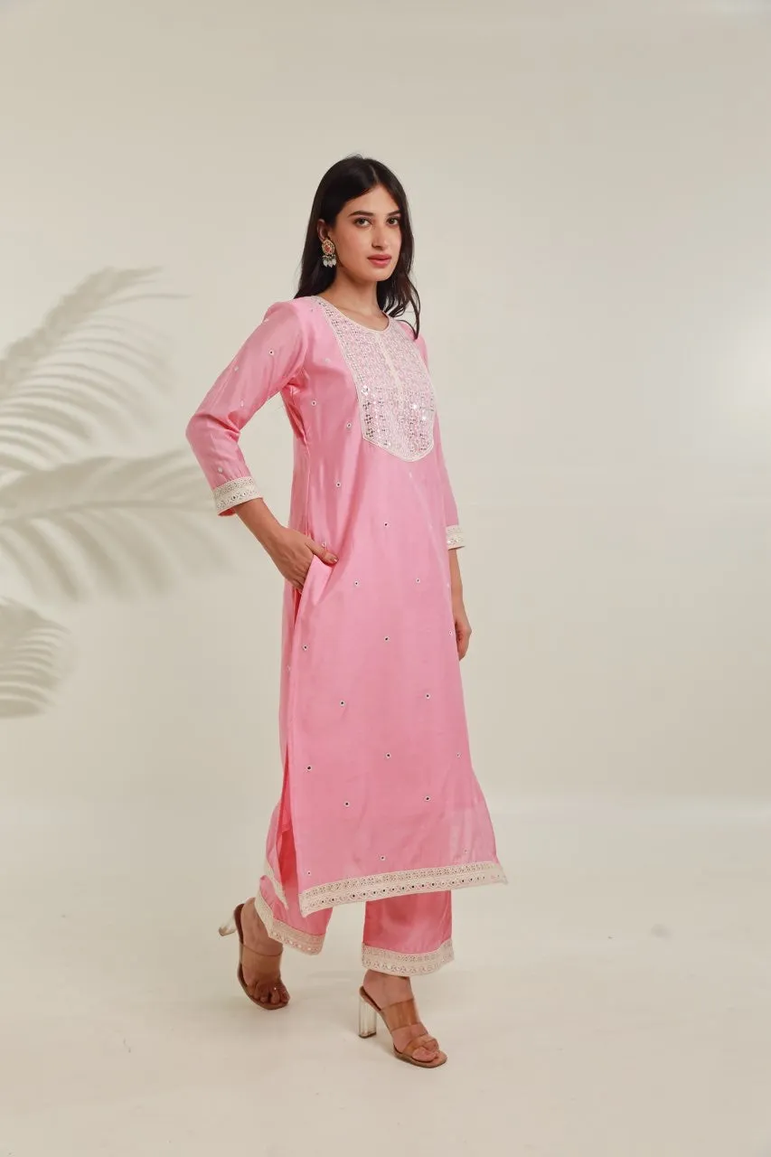 Pink MirrorWork  Chanderi Straight  Set