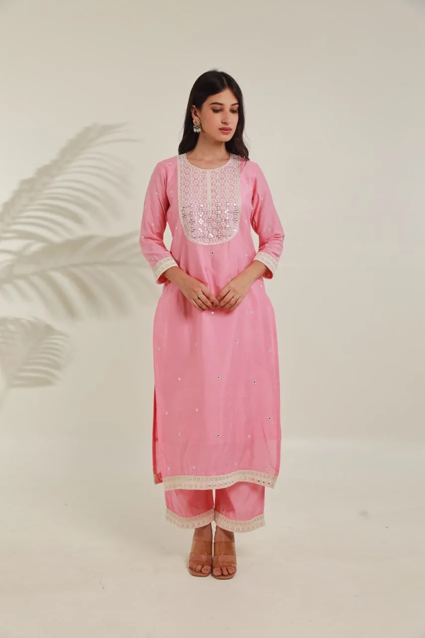 Pink MirrorWork  Chanderi Straight  Set