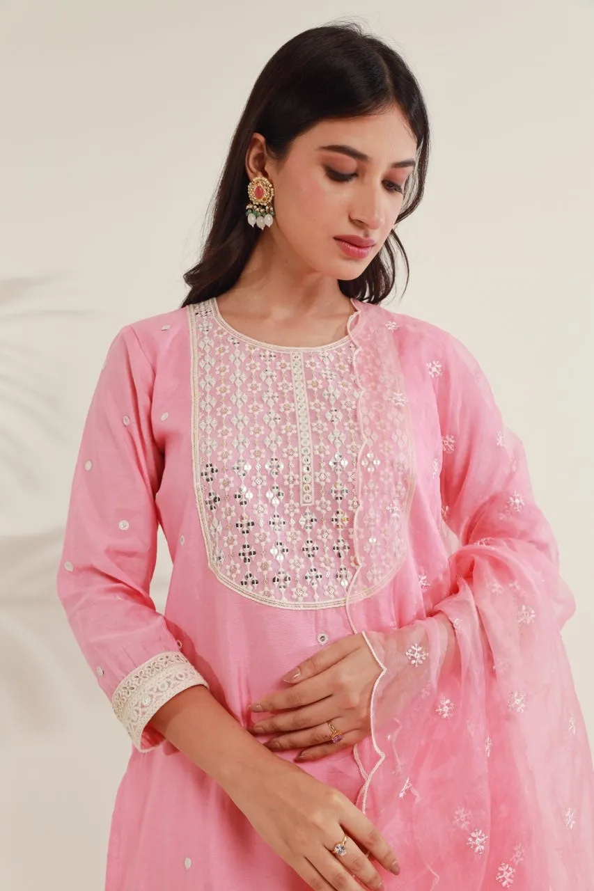 Pink MirrorWork  Chanderi Straight  Set