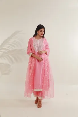 Pink MirrorWork  Chanderi Straight  Set