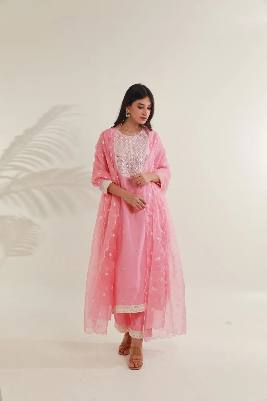 Pink MirrorWork  Chanderi Straight  Set