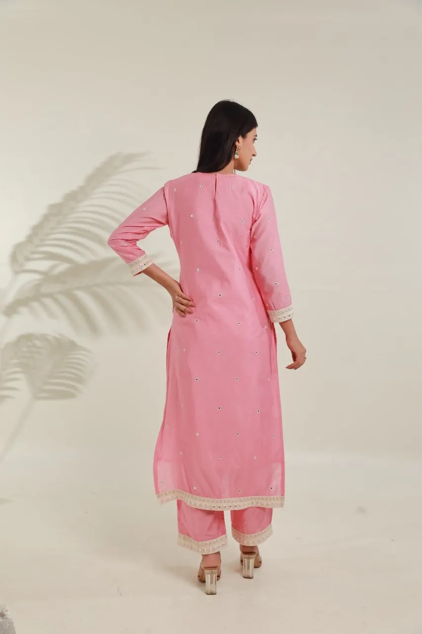 Pink MirrorWork  Chanderi Straight  Set