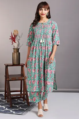 pintuck kurta with slit - willow green & tropical mandeville