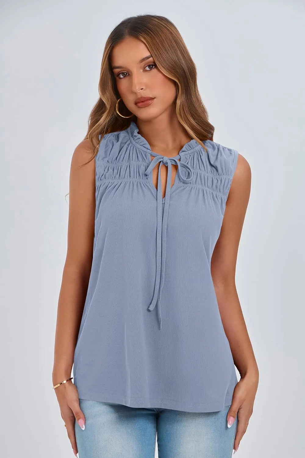 PRETTYGARDEN Womens Summer Tops Sleeveless V Neck Shirts Ruffle Loose Tank Top Smocked Work Flowy Dressy Casual Blouses
