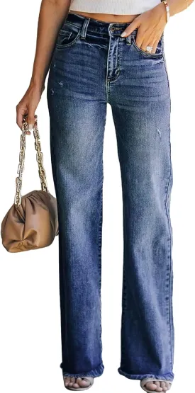 Sidefeel Women's Ripped High Waisted Flared Jeans Wide Leg Destroyed Denim Pants