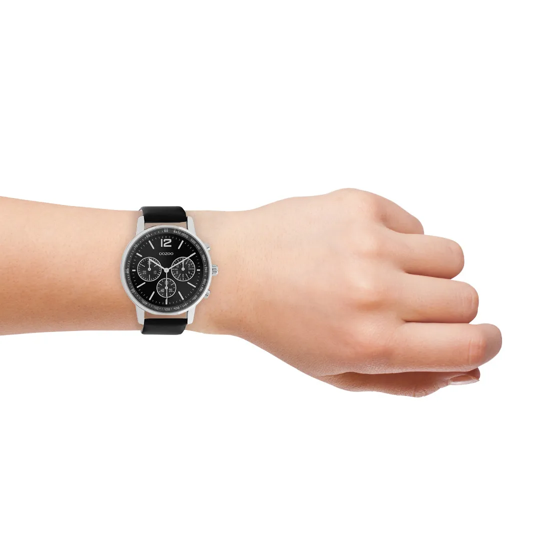 Silver coloured OOZOO watch with black leather strap - C10813