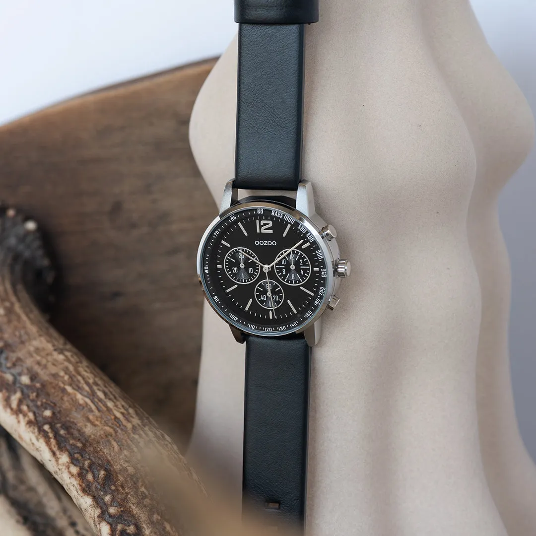 Silver coloured OOZOO watch with black leather strap - C10813