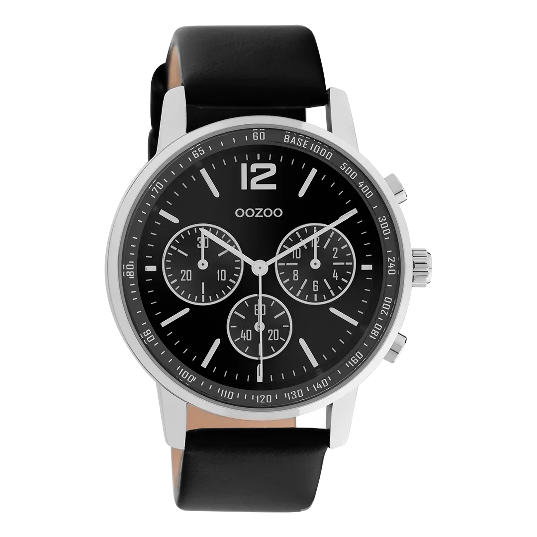 Silver coloured OOZOO watch with black leather strap - C10813