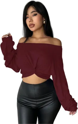 SISKIN Women's Off The Shoulder Tops, Long Sleeve, Modern, Loose Fit, All Seasons, Solid, Crop Top, XS-XL