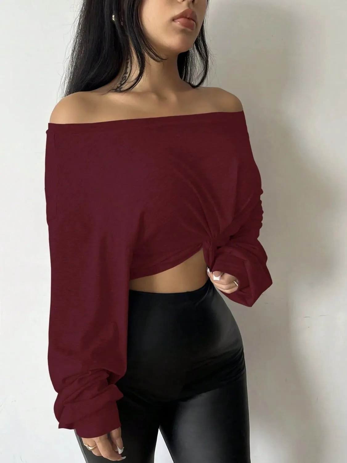 SISKIN Women's Off The Shoulder Tops, Long Sleeve, Modern, Loose Fit, All Seasons, Solid, Crop Top, XS-XL