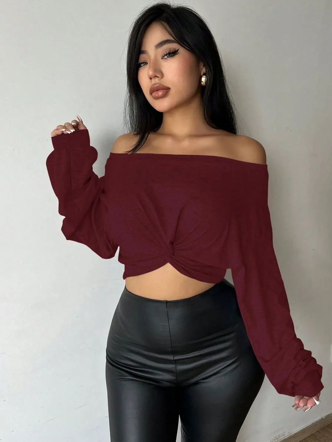 SISKIN Women's Off The Shoulder Tops, Long Sleeve, Modern, Loose Fit, All Seasons, Solid, Crop Top, XS-XL