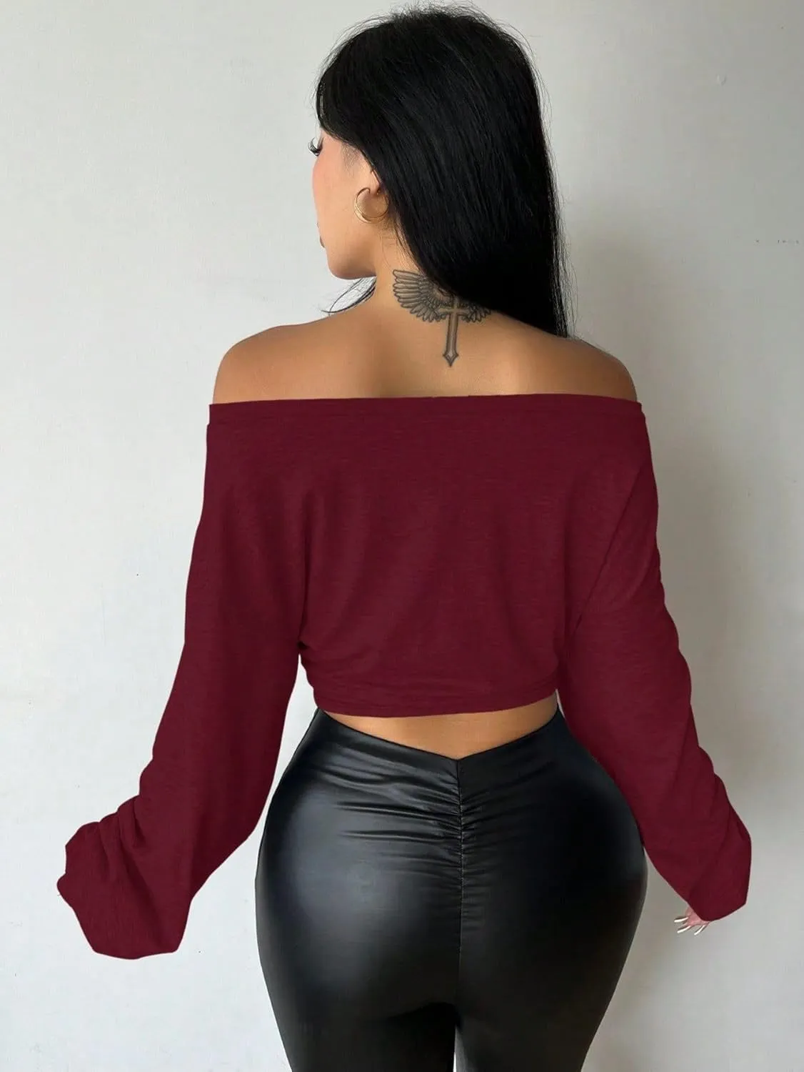SISKIN Women's Off The Shoulder Tops, Long Sleeve, Modern, Loose Fit, All Seasons, Solid, Crop Top, XS-XL