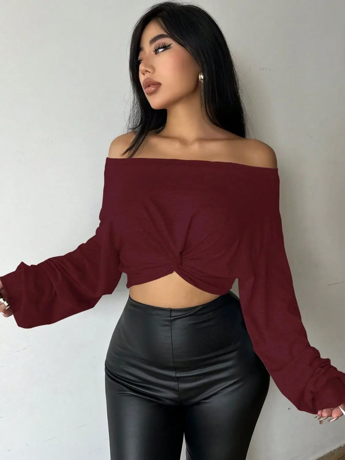 SISKIN Women's Off The Shoulder Tops, Long Sleeve, Modern, Loose Fit, All Seasons, Solid, Crop Top, XS-XL