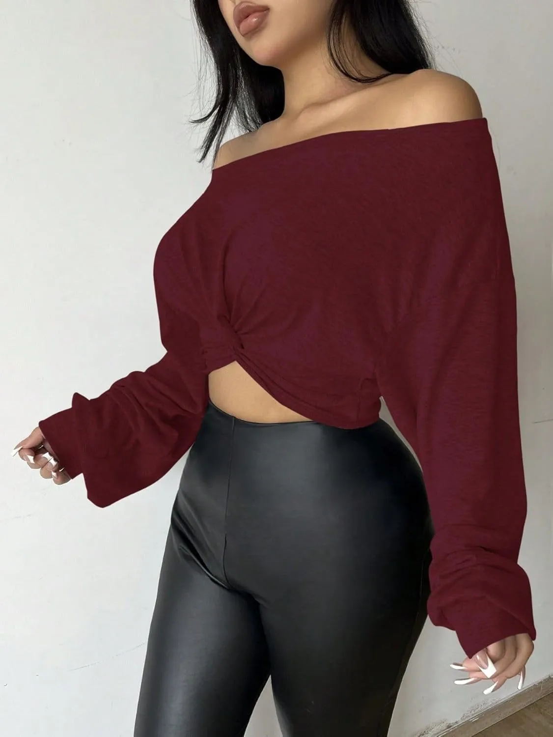 SISKIN Women's Off The Shoulder Tops, Long Sleeve, Modern, Loose Fit, All Seasons, Solid, Crop Top, XS-XL
