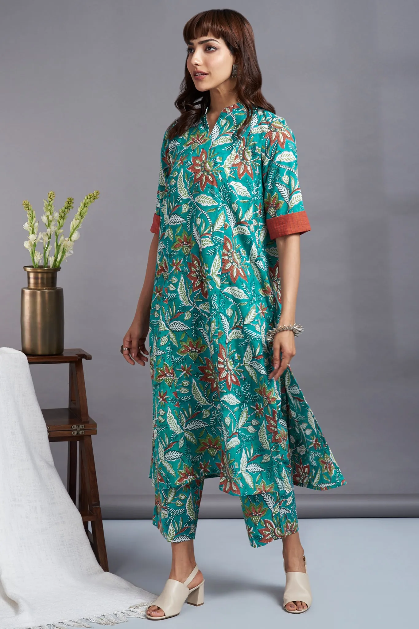 spring rhapsody- handblock printed long yoke panel kurta