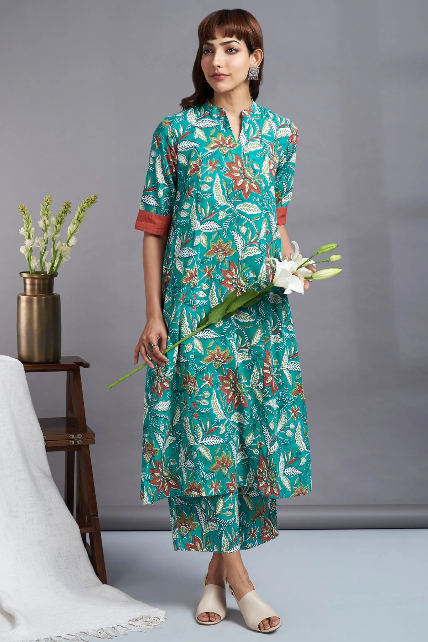 spring rhapsody- handblock printed long yoke panel kurta