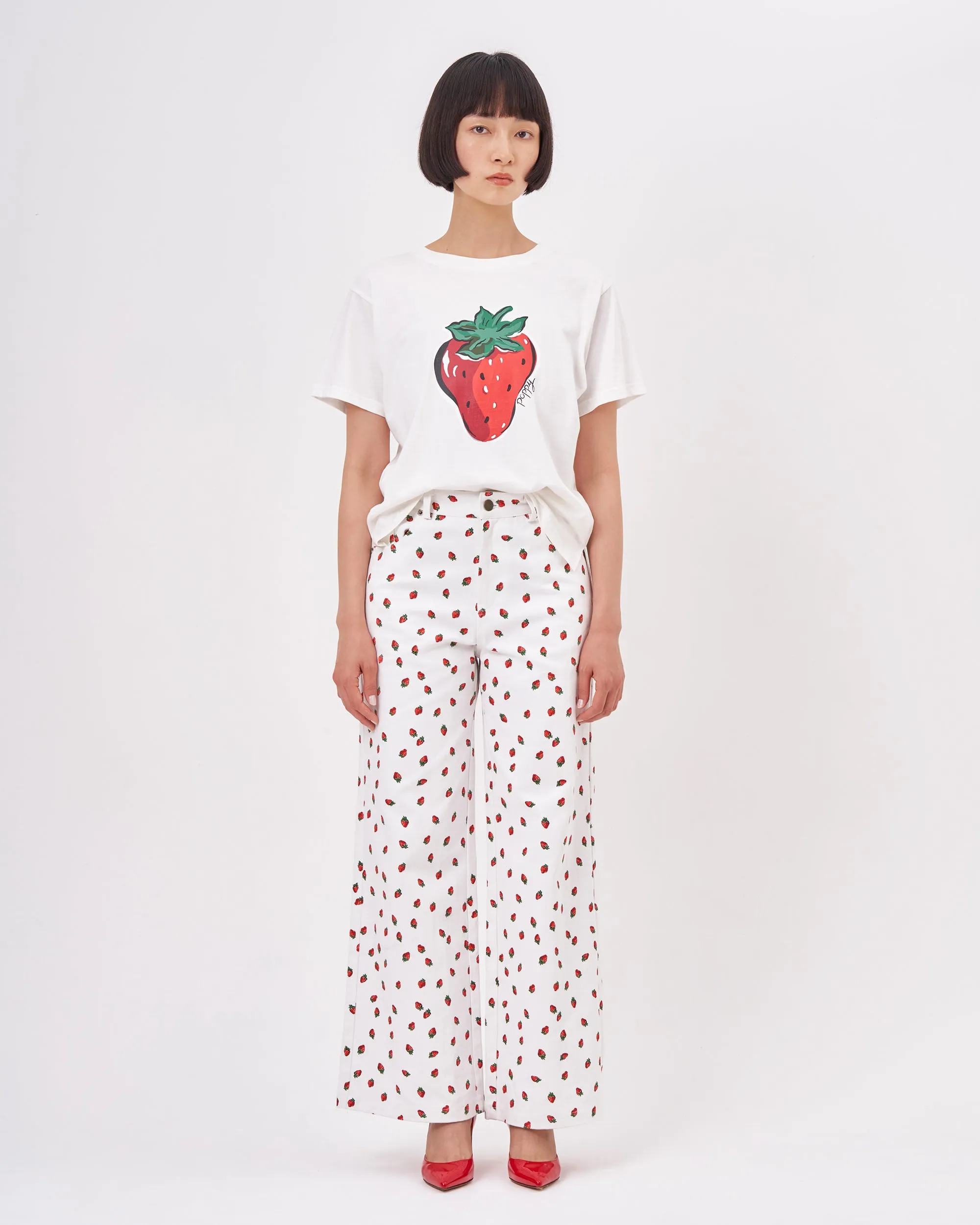 Strawberry denim pants (White)
