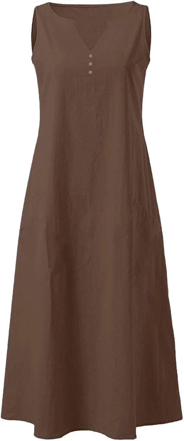 Summer Linen Dresses for Women 2025 Button V Neck Sleeveless Casual Sundress Beach Vacation Tank Dress with Pockets