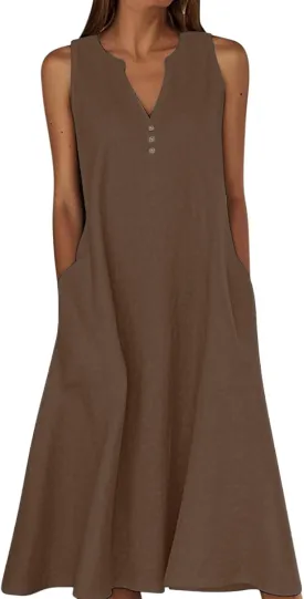 Summer Linen Dresses for Women 2025 Button V Neck Sleeveless Casual Sundress Beach Vacation Tank Dress with Pockets