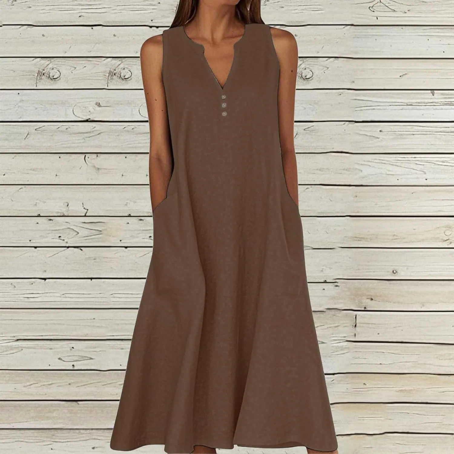 Summer Linen Dresses for Women 2025 Button V Neck Sleeveless Casual Sundress Beach Vacation Tank Dress with Pockets