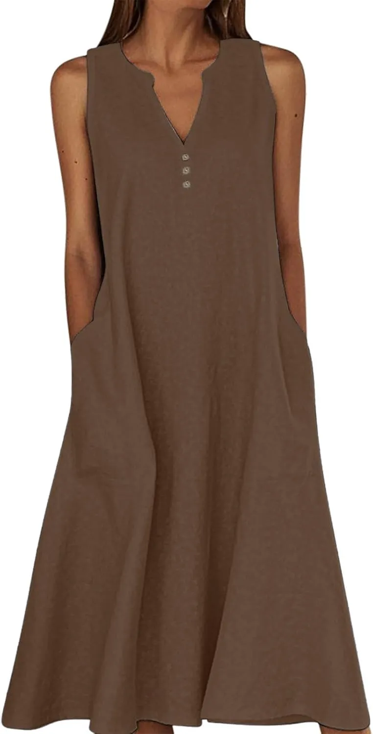 Summer Linen Dresses for Women 2025 Button V Neck Sleeveless Casual Sundress Beach Vacation Tank Dress with Pockets