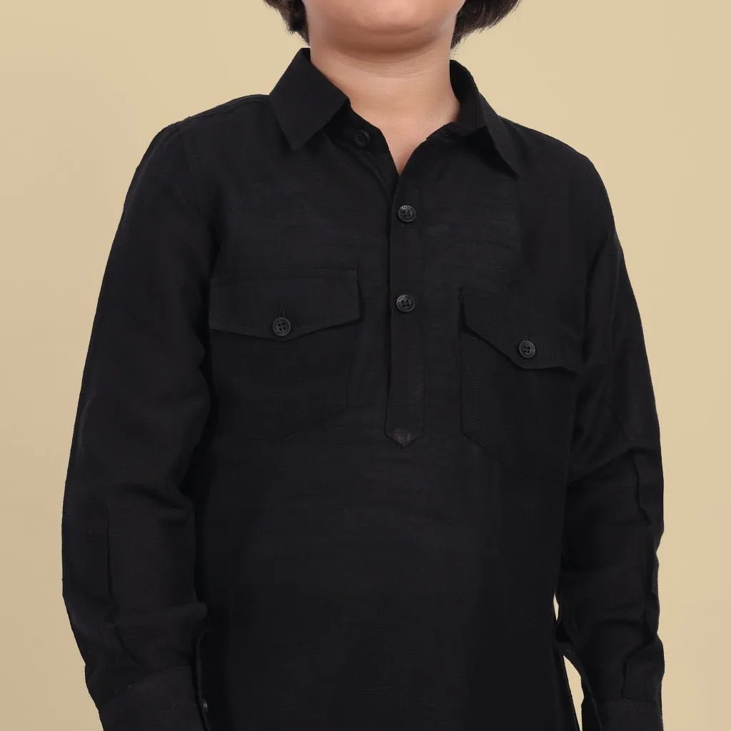 Textured Cotton Silk Black Pathani - Set of 2