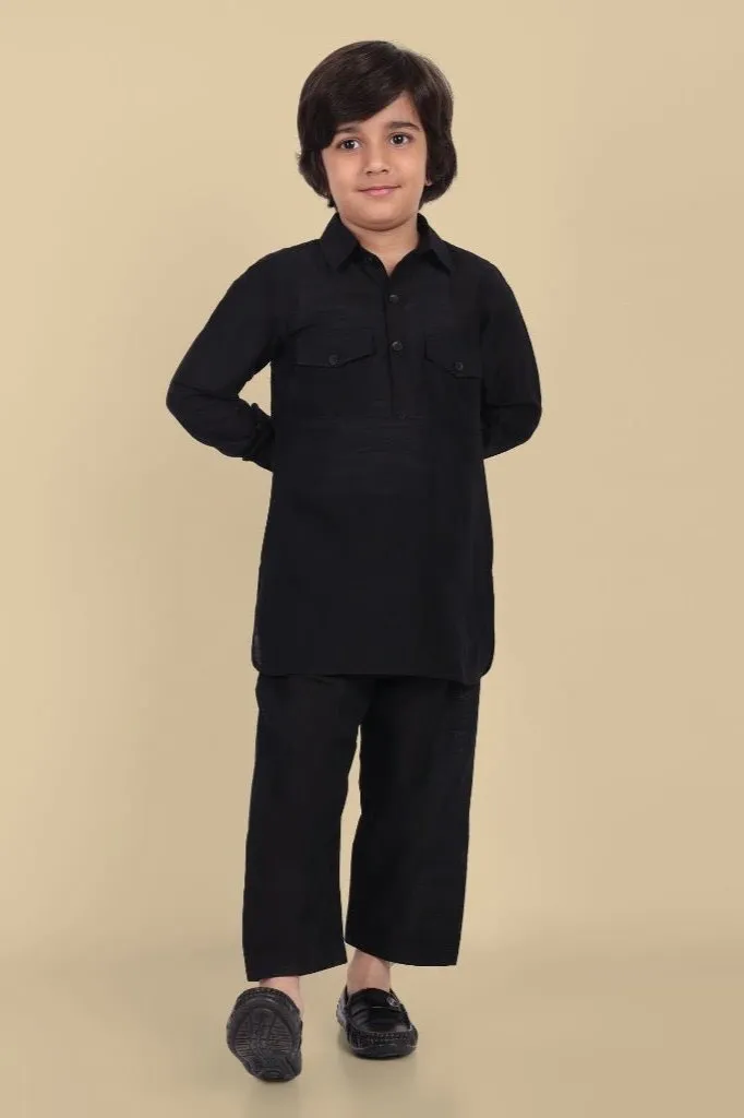 Textured Cotton Silk Black Pathani - Set of 2
