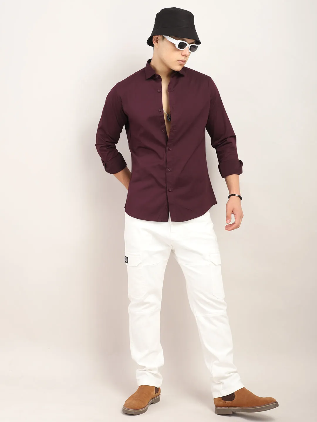 Viggo Mens Classic Plain Wine-Colored Dress Shirt