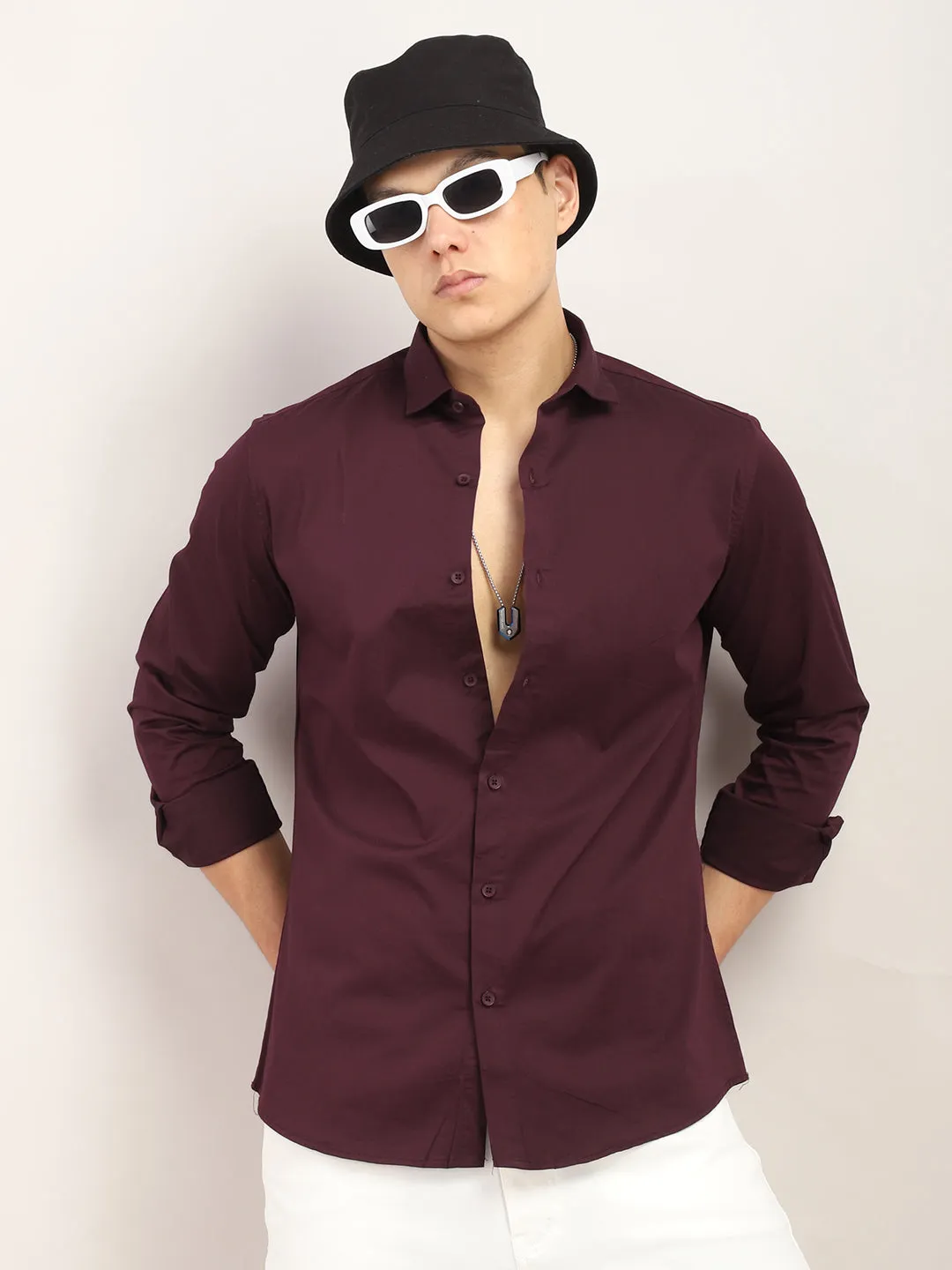 Viggo Mens Classic Plain Wine-Colored Dress Shirt