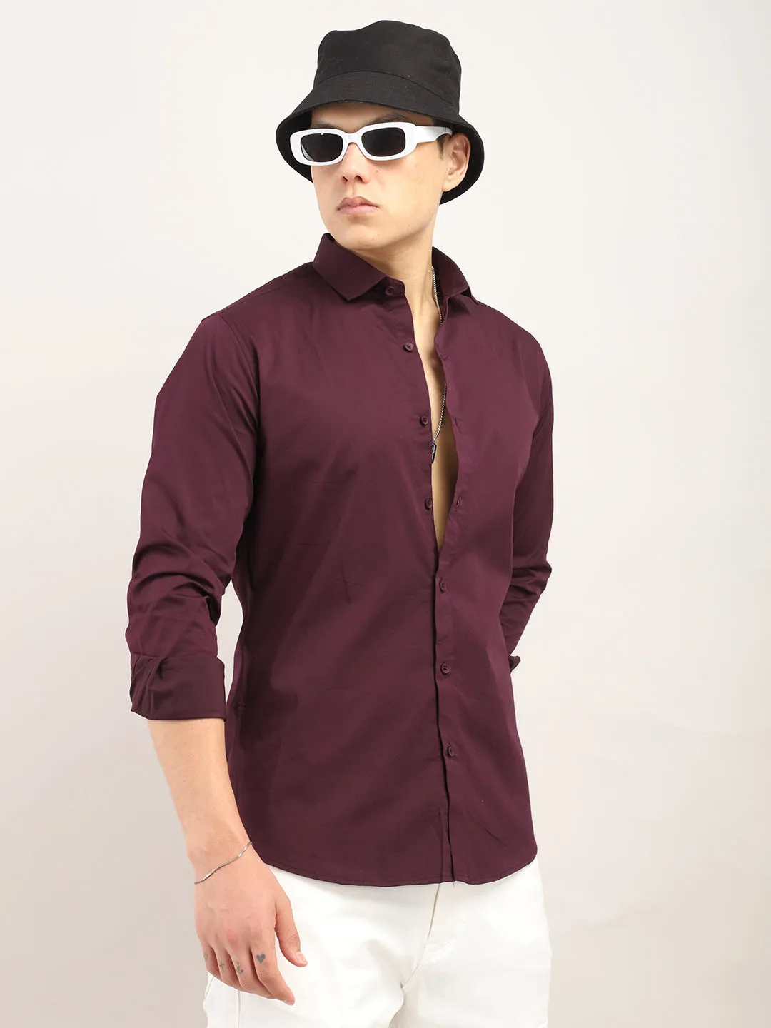 Viggo Mens Classic Plain Wine-Colored Dress Shirt