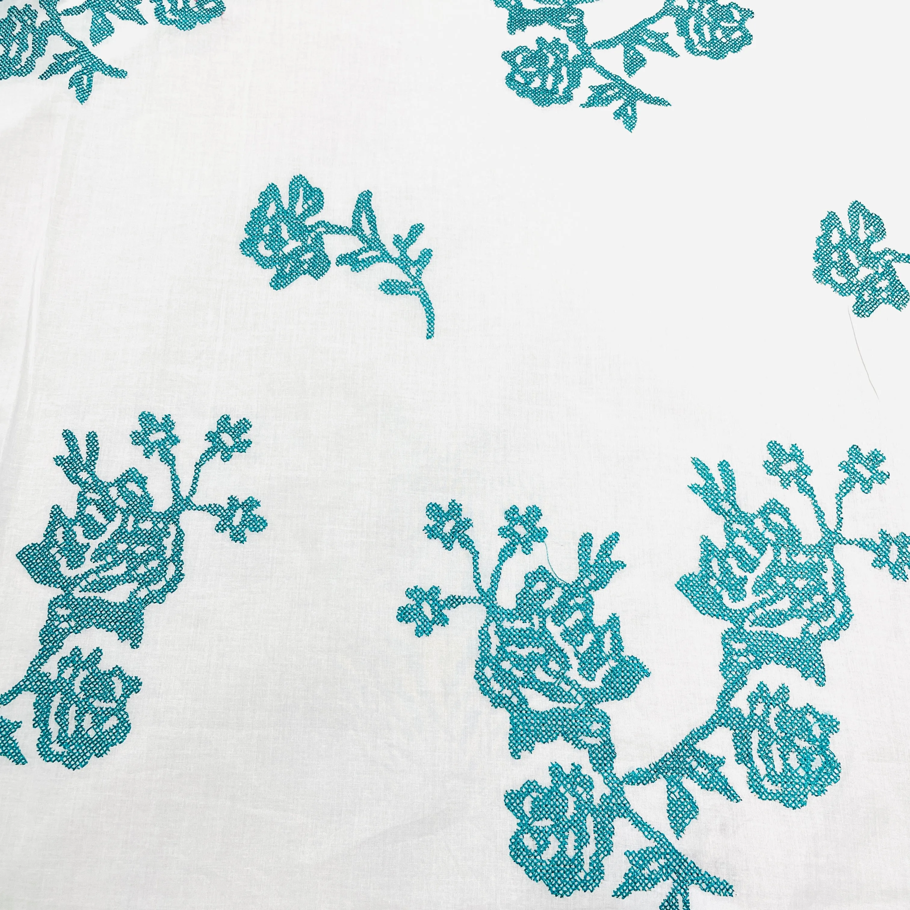 White Green Floral Thread Embroidery Cotton Fabric 14